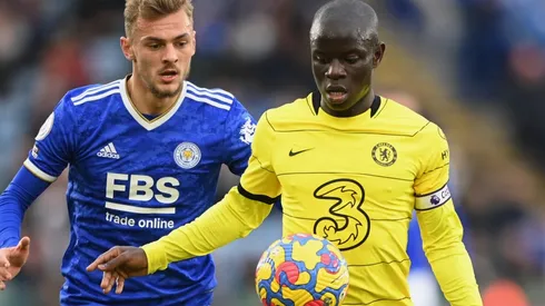 Ngolo Kante of Chelsea runs from Kiernan Dewsbury-Hall of Leicester