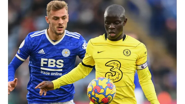 Ngolo Kante of Chelsea runs from Kiernan Dewsbury-Hall of Leicester