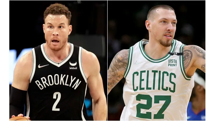 Blake Griffin of the Brooklyn Nets and Daniel Theis of the Boston Celtics