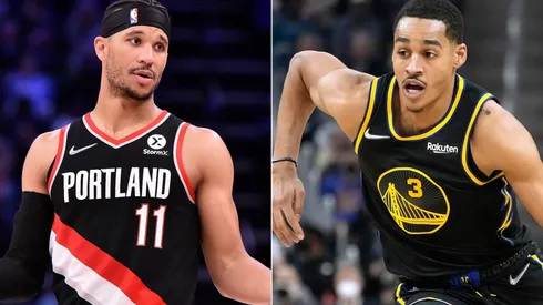 Josh Hart of the Portland Trail Blazers and Jordan Poole of the Golden State Warriors
