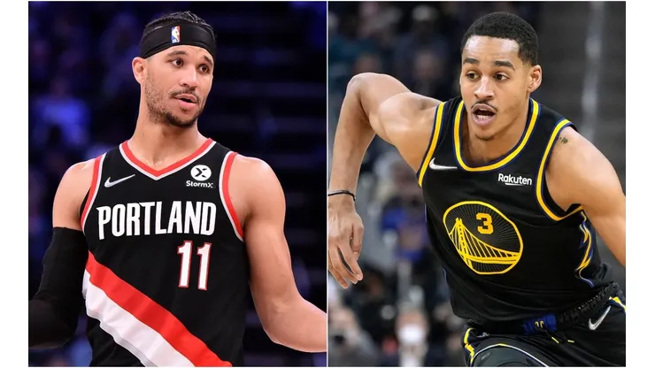 Josh Hart of the Portland Trail Blazers and Jordan Poole of the Golden State Warriors