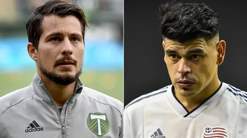 Sebastian Blanco of Portland Timbers (left) and Gustavo Bou of New England Revolution.