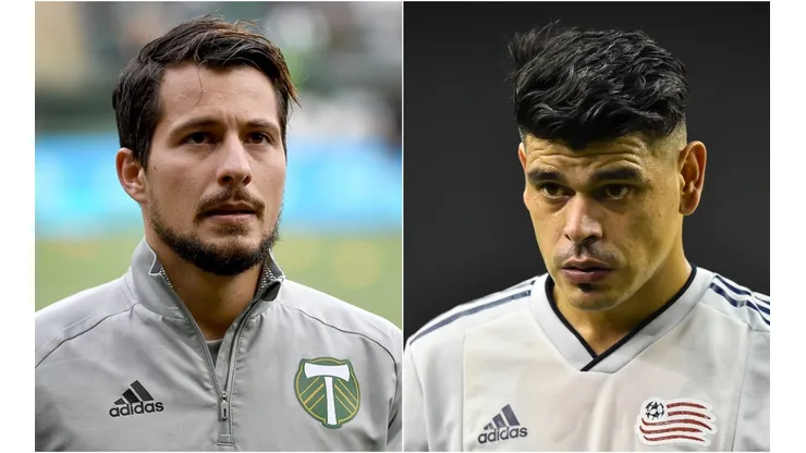 Sebastian Blanco of Portland Timbers (left) and Gustavo Bou of New England Revolution.