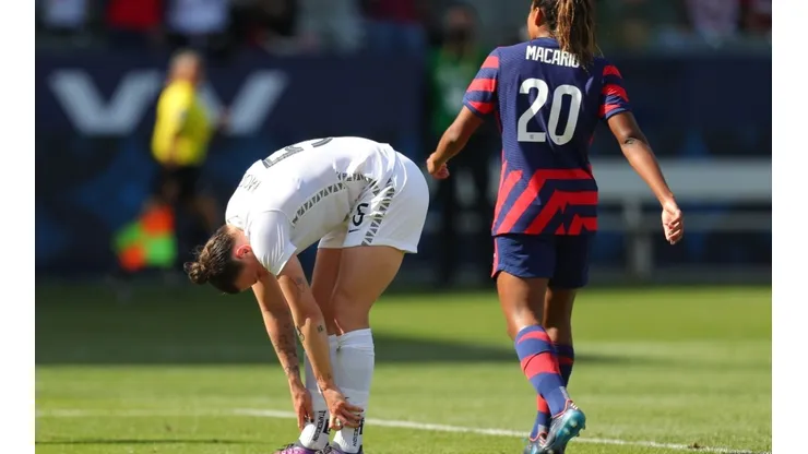 Meikayla Moore #5 of New Zealand reacts after an own goal