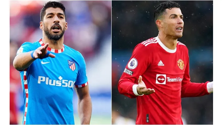 Luis Suarez of Club Atletico de Madrid and Cristiano Ronaldo of Manchester United