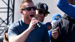 HC Sean McVay during SB celebration in Los Angeles, behind him MVP Kupp
