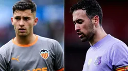 Hugo Duro of Valencia CF and Sergio Busquets of FC Barcelona