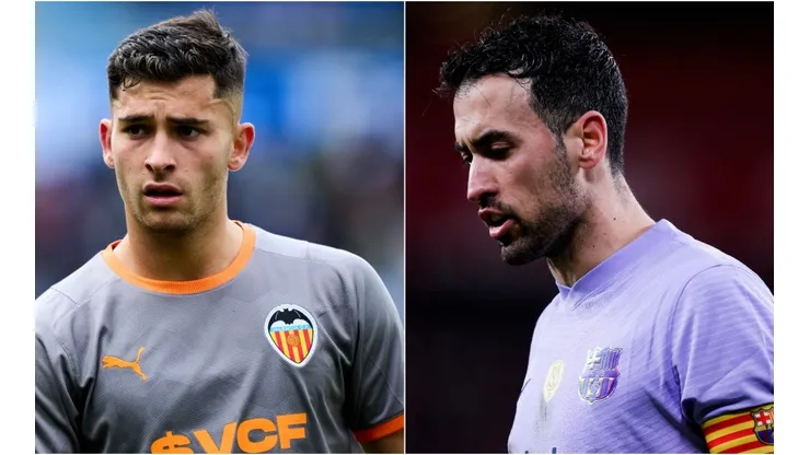 Hugo Duro of Valencia CF and Sergio Busquets of FC Barcelona