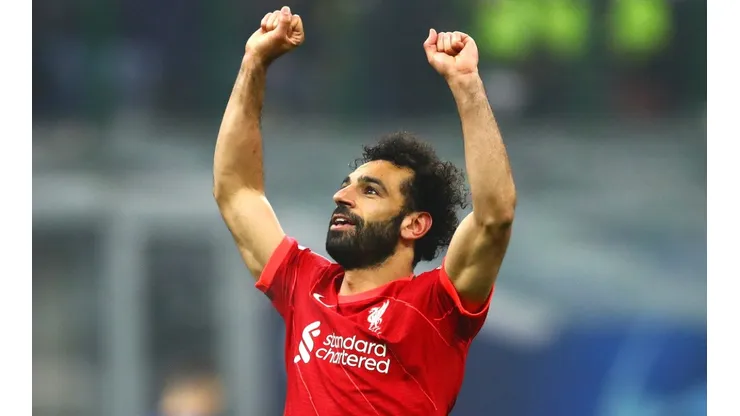Mohamed Salah celebrates his goal against Inter Milan in the first leg of the UCL round of 16.