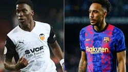 Ilaix Moriba of Valencia and Pierre-Emerick Aubameyang of Barcelona