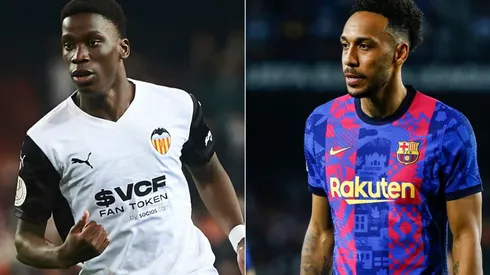 Ilaix Moriba of Valencia and Pierre-Emerick Aubameyang of Barcelona
