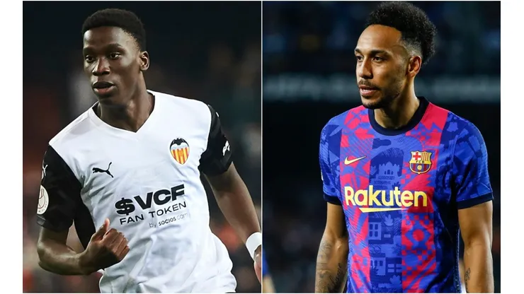 Ilaix Moriba of Valencia and Pierre-Emerick Aubameyang of Barcelona