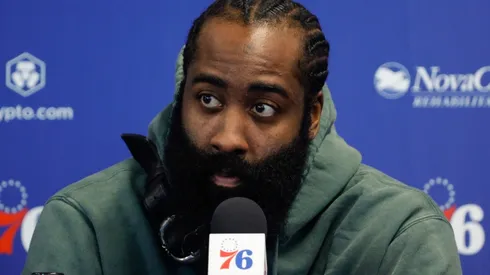 James Harden in his introductory press conference at the Philadelphia 76ers after being traded by the Brooklyn Nets.