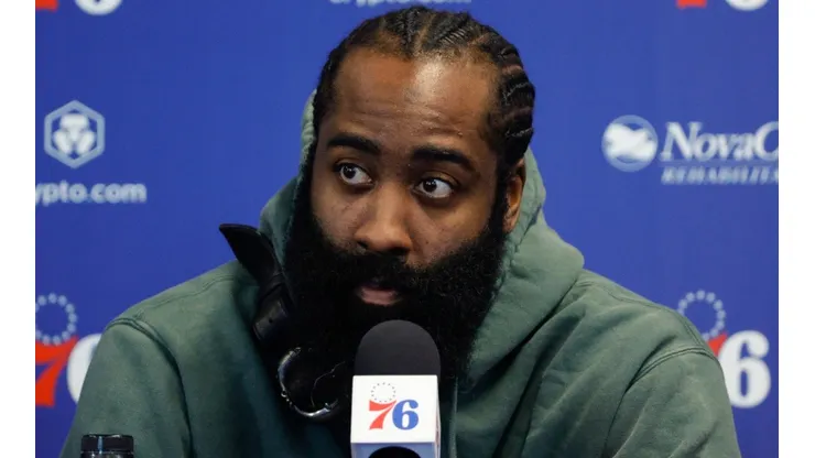 James Harden in his introductory press conference at the Philadelphia 76ers after being traded by the Brooklyn Nets.