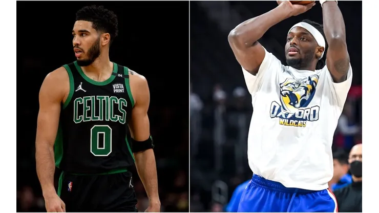Jayson Tatum of the Boston Celtics and Jerami Grant of the Detroit Pistons