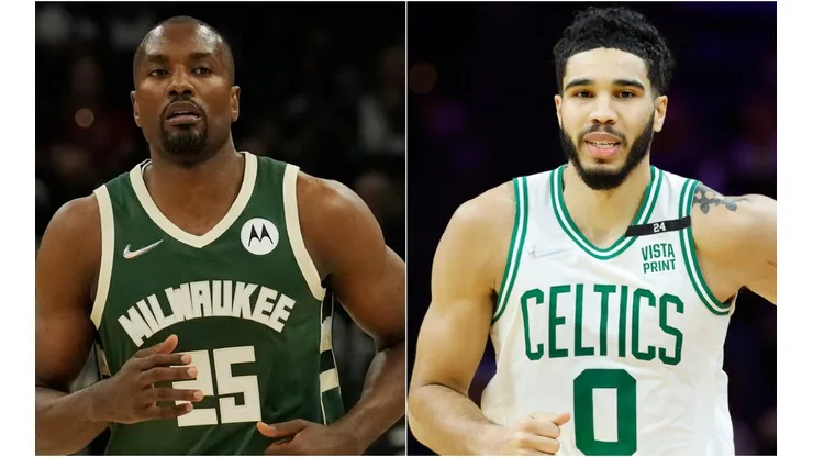 Serge Ibaka of the Milwaukee Bucks (left) and Jayson Tatum of the Boston Celtics (right)