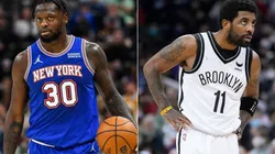Julius Randle of the New York Knicks and Kyrie Irving of the Brooklyn Nets