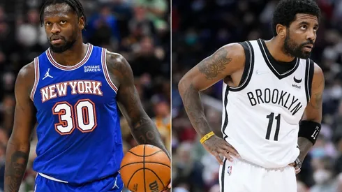 Julius Randle of the New York Knicks and Kyrie Irving of the Brooklyn Nets