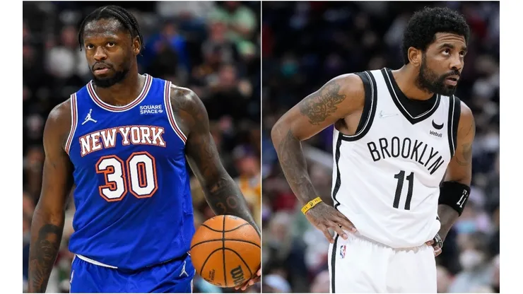 Julius Randle of the New York Knicks and Kyrie Irving of the Brooklyn Nets