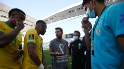 Lionel Messi of Argentina talks to Neymar Jr. of Brazil after the match between Brazil and Argentina was interrupted by Brazilian health authorities
