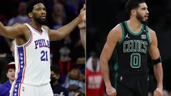 Joel Embiid of the Philadelphia 76ers and Jayson Tatum of Boston Celtics