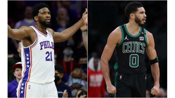 Joel Embiid of the Philadelphia 76ers and Jayson Tatum of Boston Celtics