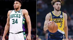 Giannis Antetokounmpo of the Milwaukee Bucks and Chris Duarte of the Indiana Pacers