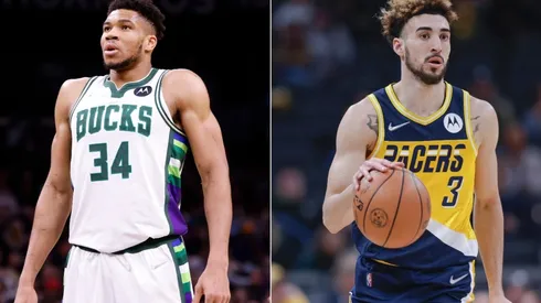 Giannis Antetokounmpo of the Milwaukee Bucks and Chris Duarte of the Indiana Pacers