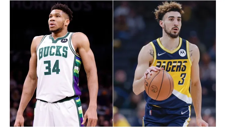 Giannis Antetokounmpo of the Milwaukee Bucks and Chris Duarte of the Indiana Pacers