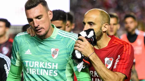 Franco Armani and Javier Pinola of River Plate