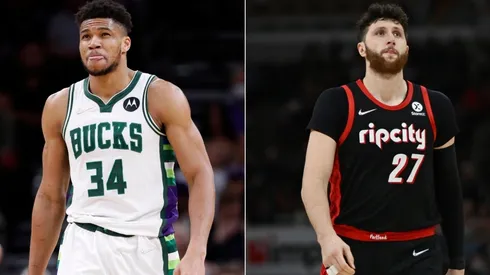 Giannis Antetokounmpo of the Milwaukee Bucks and Jusuf Nurkic of the Portland Trail Blazers