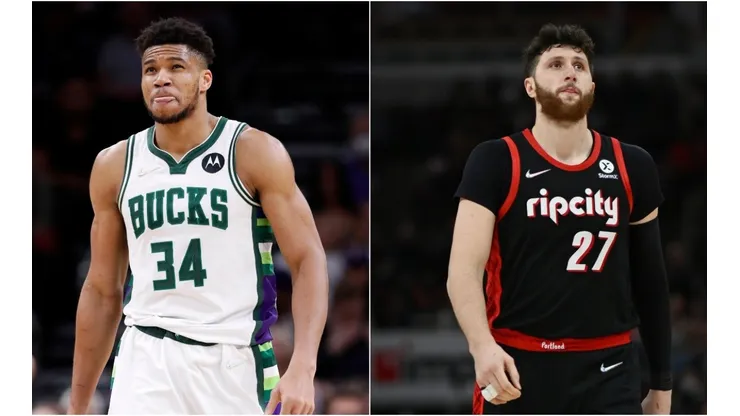 Giannis Antetokounmpo of the Milwaukee Bucks and Jusuf Nurkic of the Portland Trail Blazers