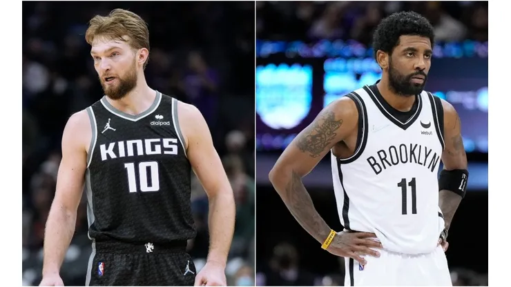 Domantas Sabonis of the Sacramento Kings and Kyrie Irving of the Brooklyn Nets