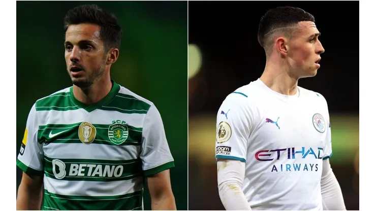 Pablo Sarabia of Sporting CP and Phil Foden of Manchester City