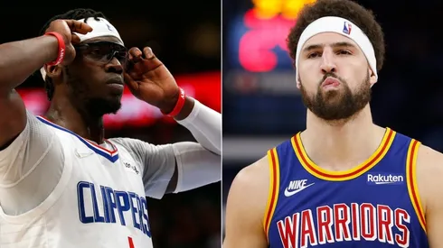 Reggie Jackson of the Los Angeles Clippers and Klay Thompson of the Golden State Warriors