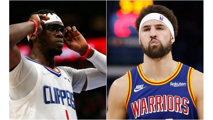 Reggie Jackson of the Los Angeles Clippers and Klay Thompson of the Golden State Warriors