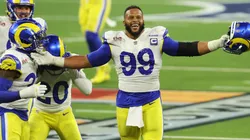 : Aaron Donald #99 of the Los Angeles Rams reacts following a fourth down stop during the fourth quarter