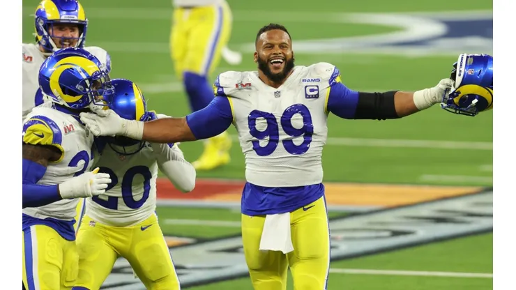 : Aaron Donald #99 of the Los Angeles Rams reacts following a fourth down stop during the fourth quarter