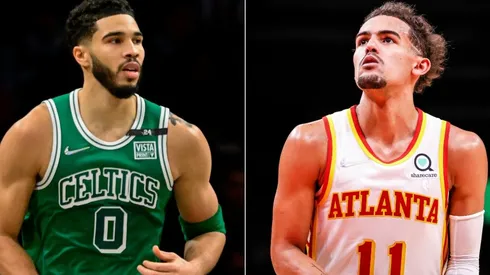Jayson Tatum of the Boston Celtics and Trae Young of the Atlanta Hawks