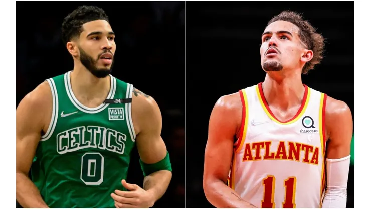Jayson Tatum of the Boston Celtics and Trae Young of the Atlanta Hawks
