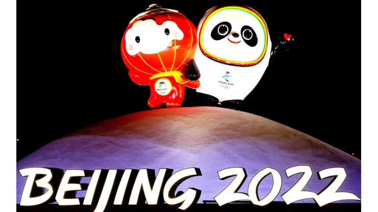 An illuminated installation of Beijing 2022 Winter Olympics mascot