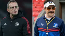 Ralf Rangnick of Manchester United (left) and Jason Sudeikis as Ted Lasso (right)