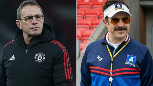 Ralf Rangnick of Manchester United (left) and Jason Sudeikis as Ted Lasso (right)