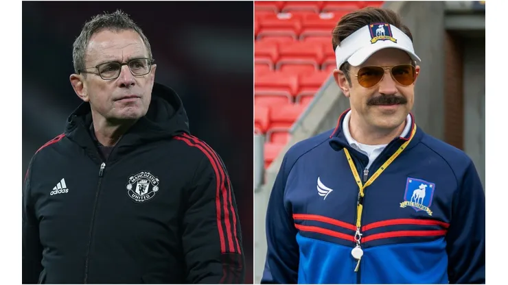 Ralf Rangnick of Manchester United (left) and Jason Sudeikis as Ted Lasso (right)