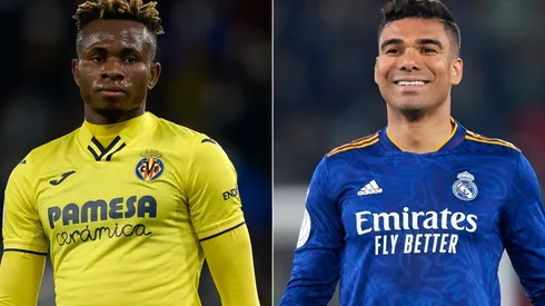 Samu Chukwueze of Villarreal (left) and Casemiro of Real Madrid (right)