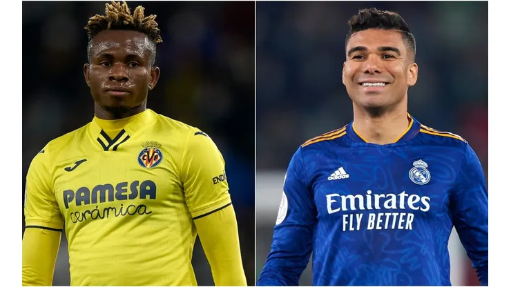 Samu Chukwueze of Villarreal (left) and Casemiro of Real Madrid (right)