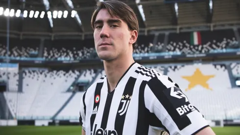 Dusan Vlahovic during his presentation at Juventus.