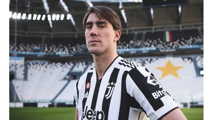 Dusan Vlahovic during his presentation at Juventus.