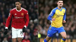 Raphael Varane of Manchester United (left) and Armando Broja of Southampton
