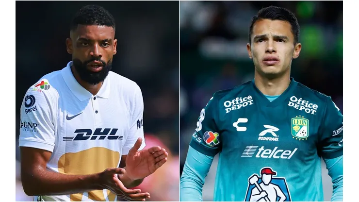 Diogo de Oliveira of Pumas UNAM (left) and Osvaldo Rodriguez of Leon (irght)